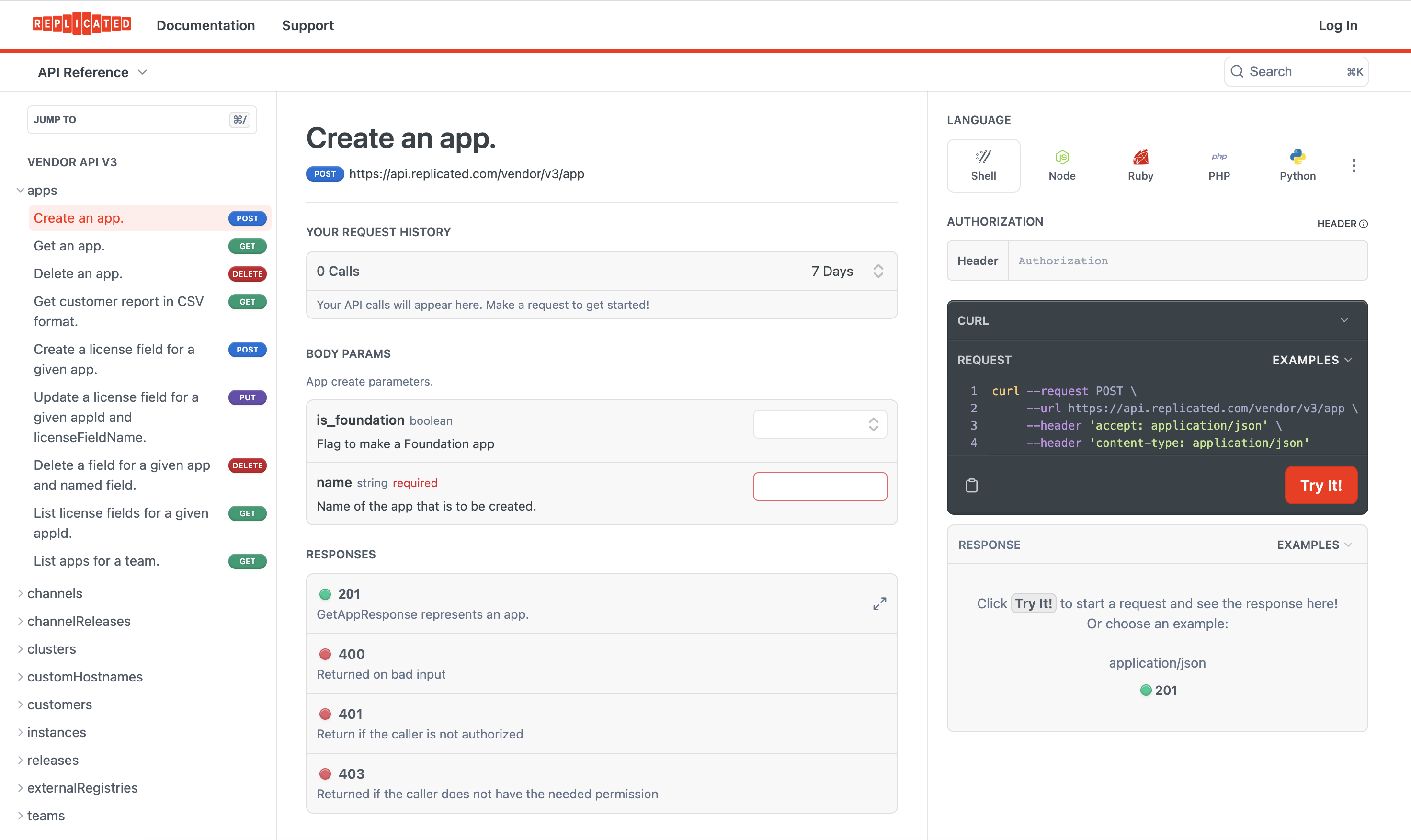 landing page of the vendor api documentation site